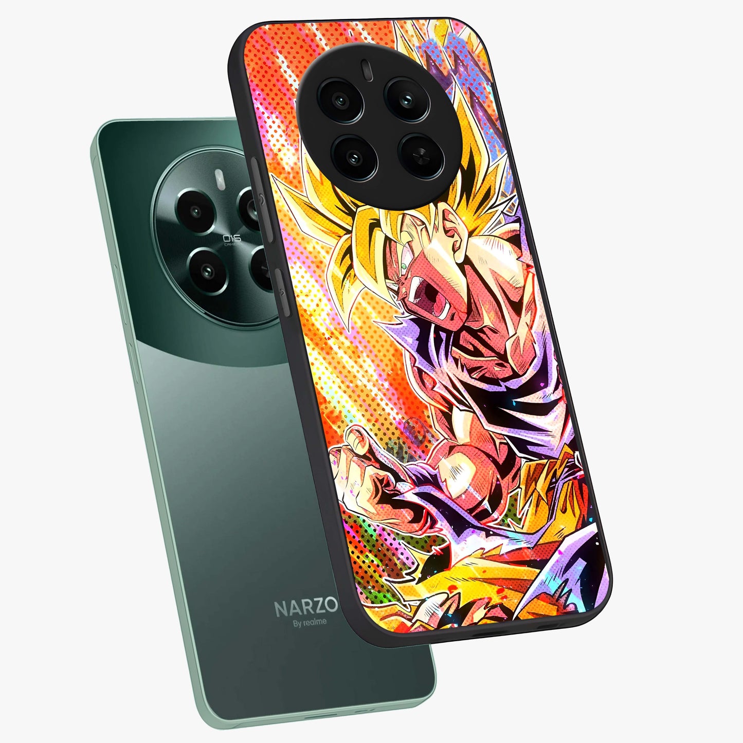 Firing Goku Glass Case displayed in angled mockup highlighting dynamic anime character design with action aesthetic.