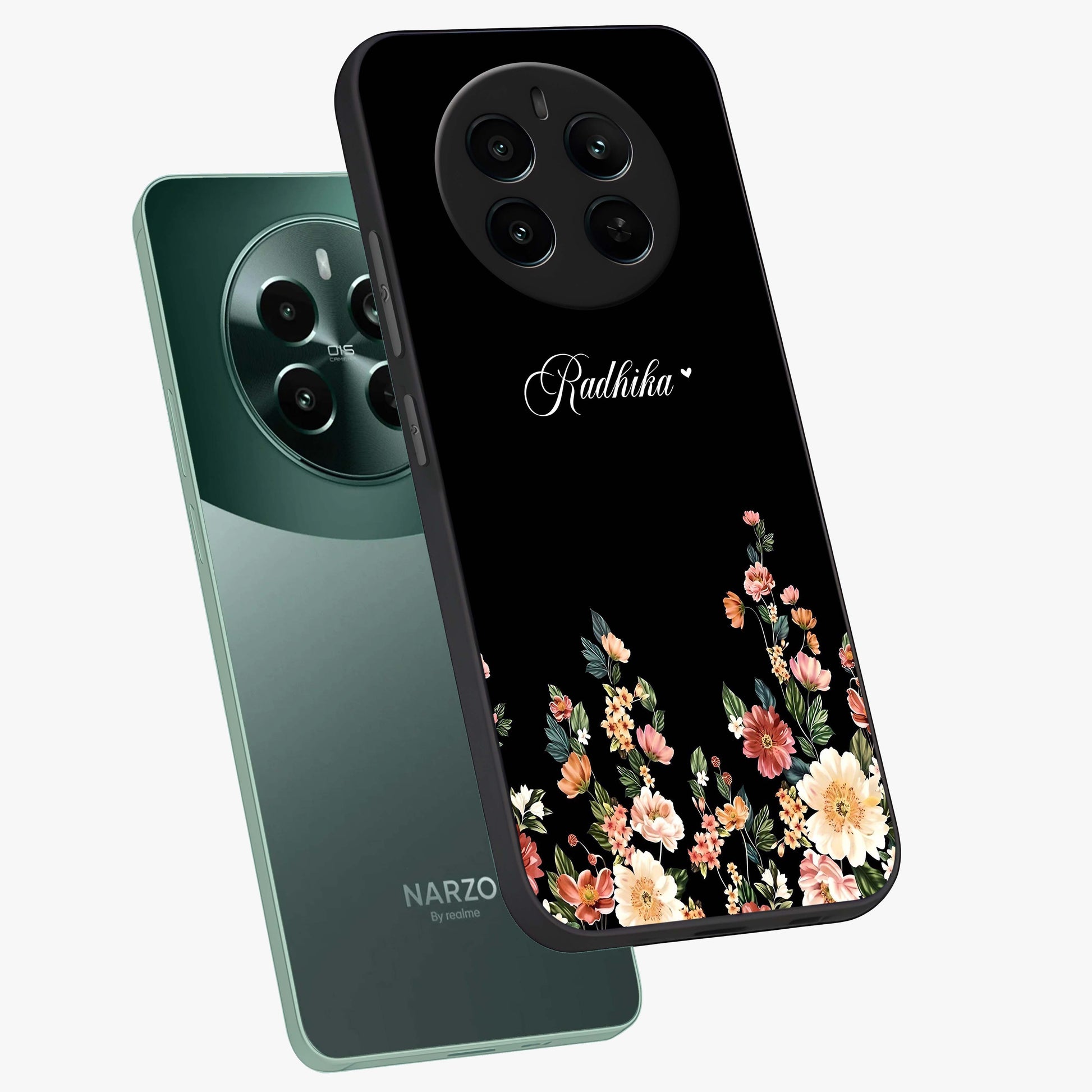 Floral Design With a Custom Personalized Name Glass Case displayed in angled mockup highlighting elegant floral pattern with custom name feature.