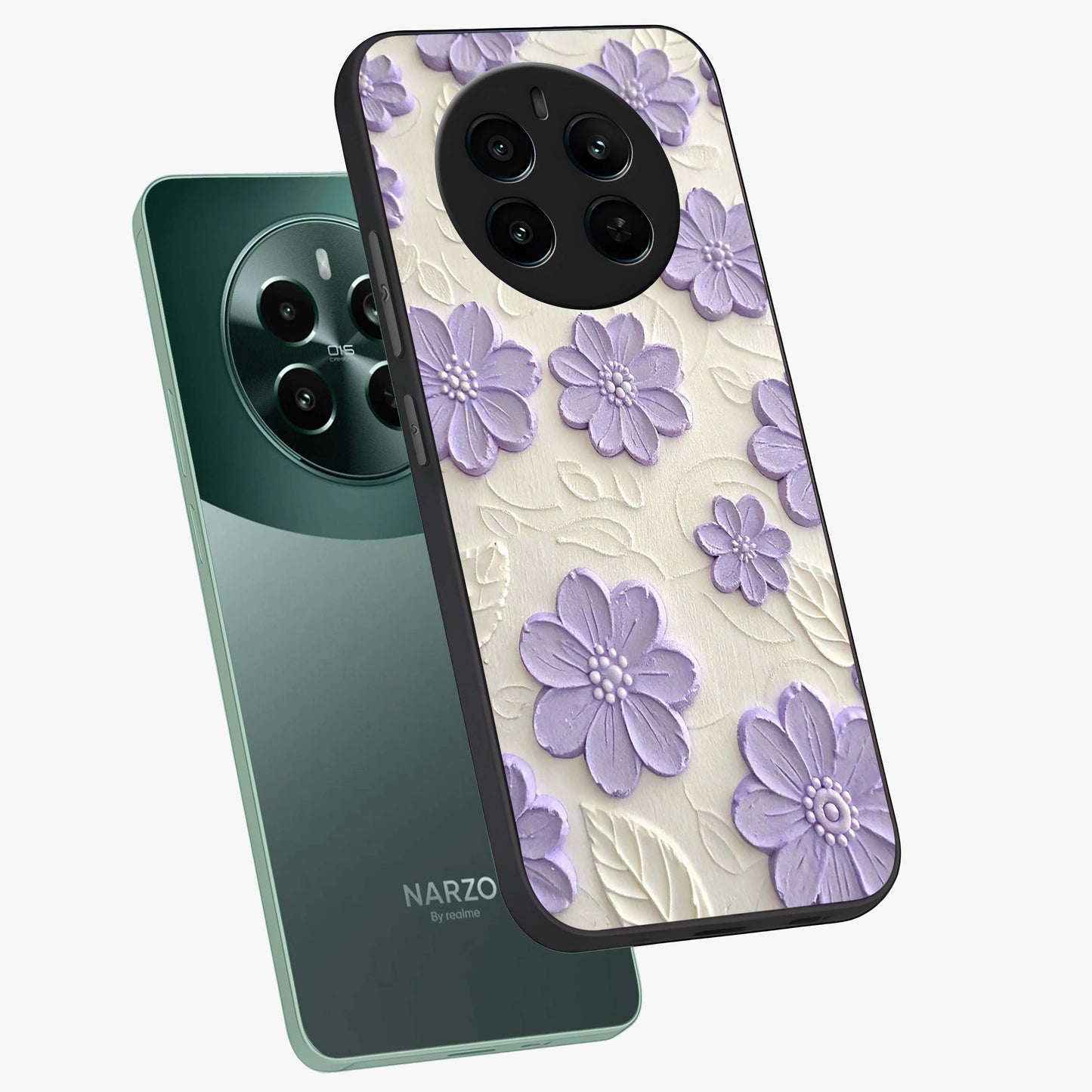 Floral Wall Art With Purple Flowers Glass Case displayed in angled mockup highlighting vibrant purple floral illustration with artistic aesthetic.