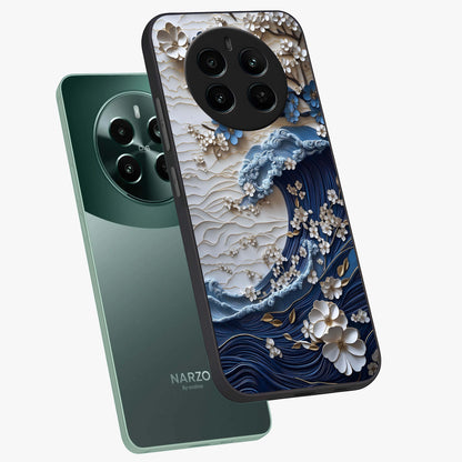 Floral Wave Origami Glass Case displayed in angled mockup highlighting geometric origami flower design with modern aesthetic style.