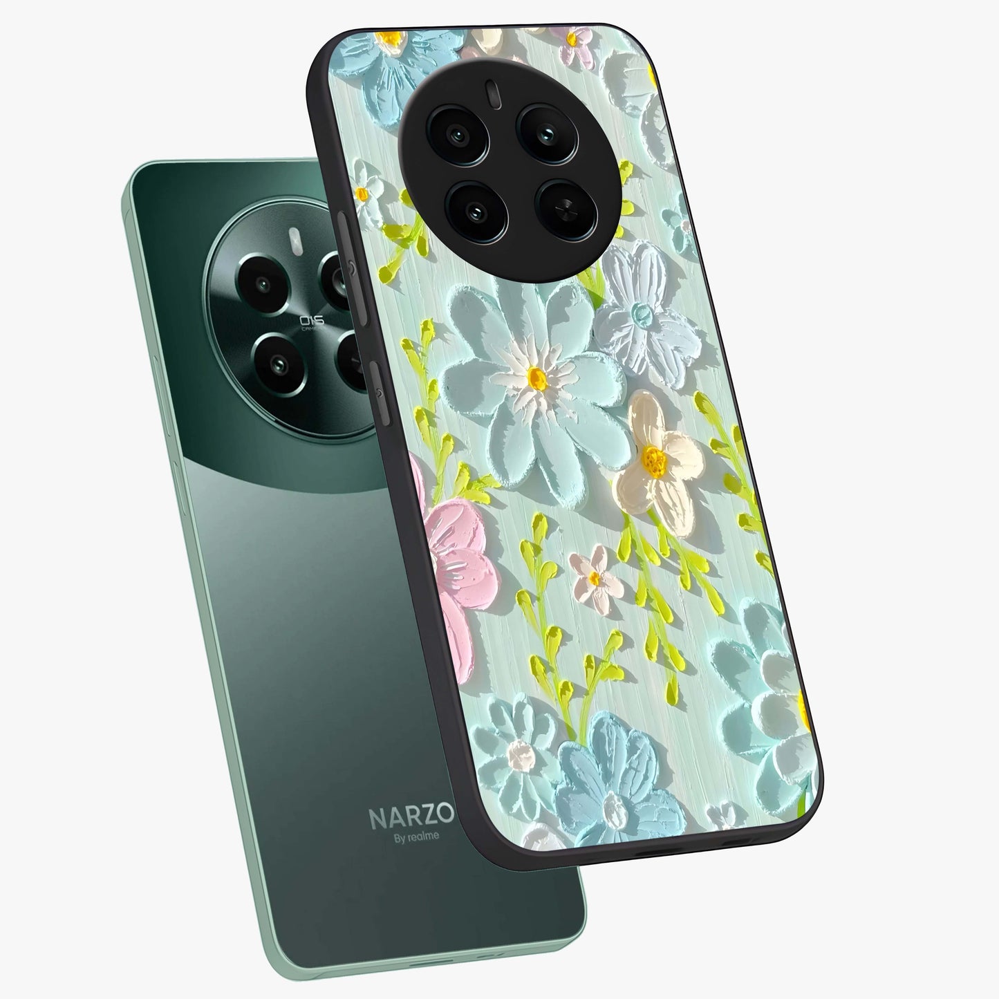 Frosted Petal Garden Glass Case displayed in angled mockup highlighting delicate flower petal design with calm garden aesthetic.
