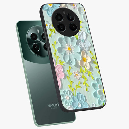 Frosted Petal Garden Glass Case displayed in angled mockup highlighting delicate flower petal design with calm garden aesthetic.