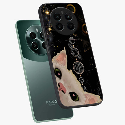 Galactic Cat Glass Case displayed in angled mockup highlighting celestial feline illustration with galaxy aesthetic style.