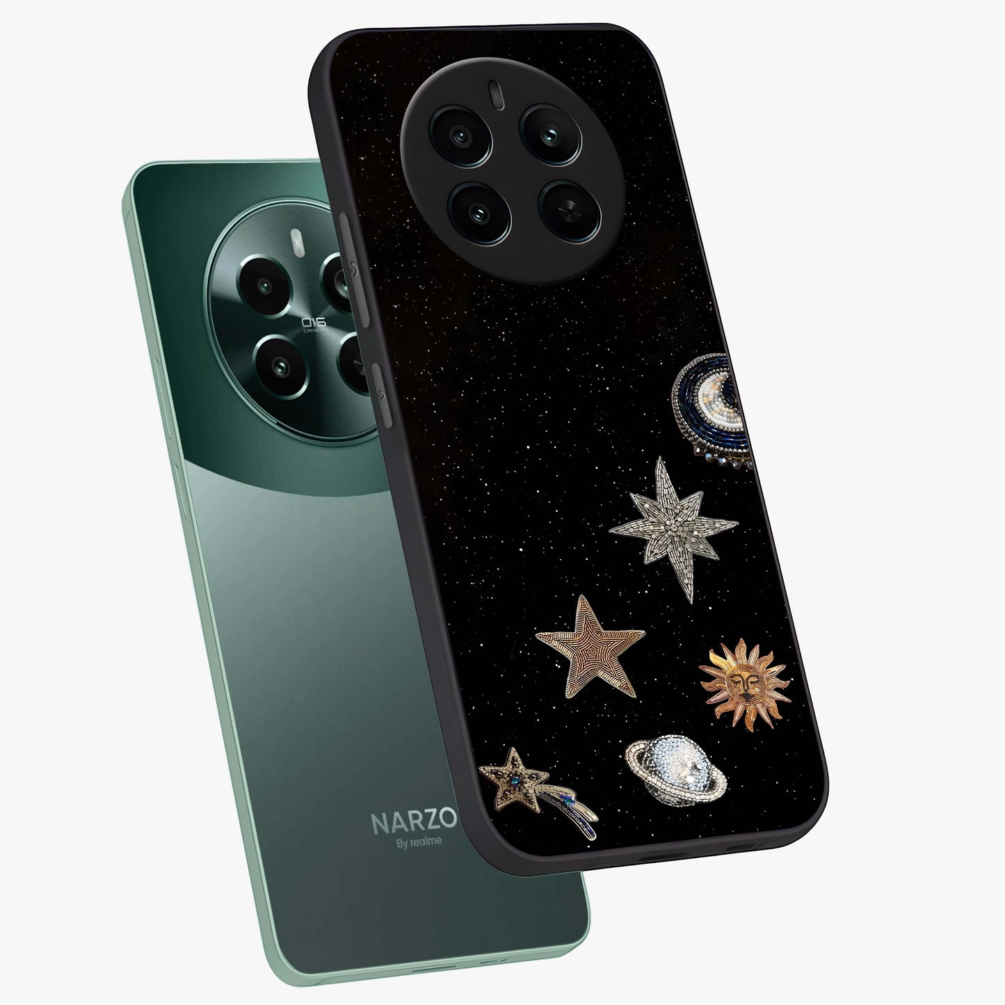 Galactic Charm Glow Glass Case displayed in angled mockup highlighting luminous galaxy inspired design with dreamy aesthetic.