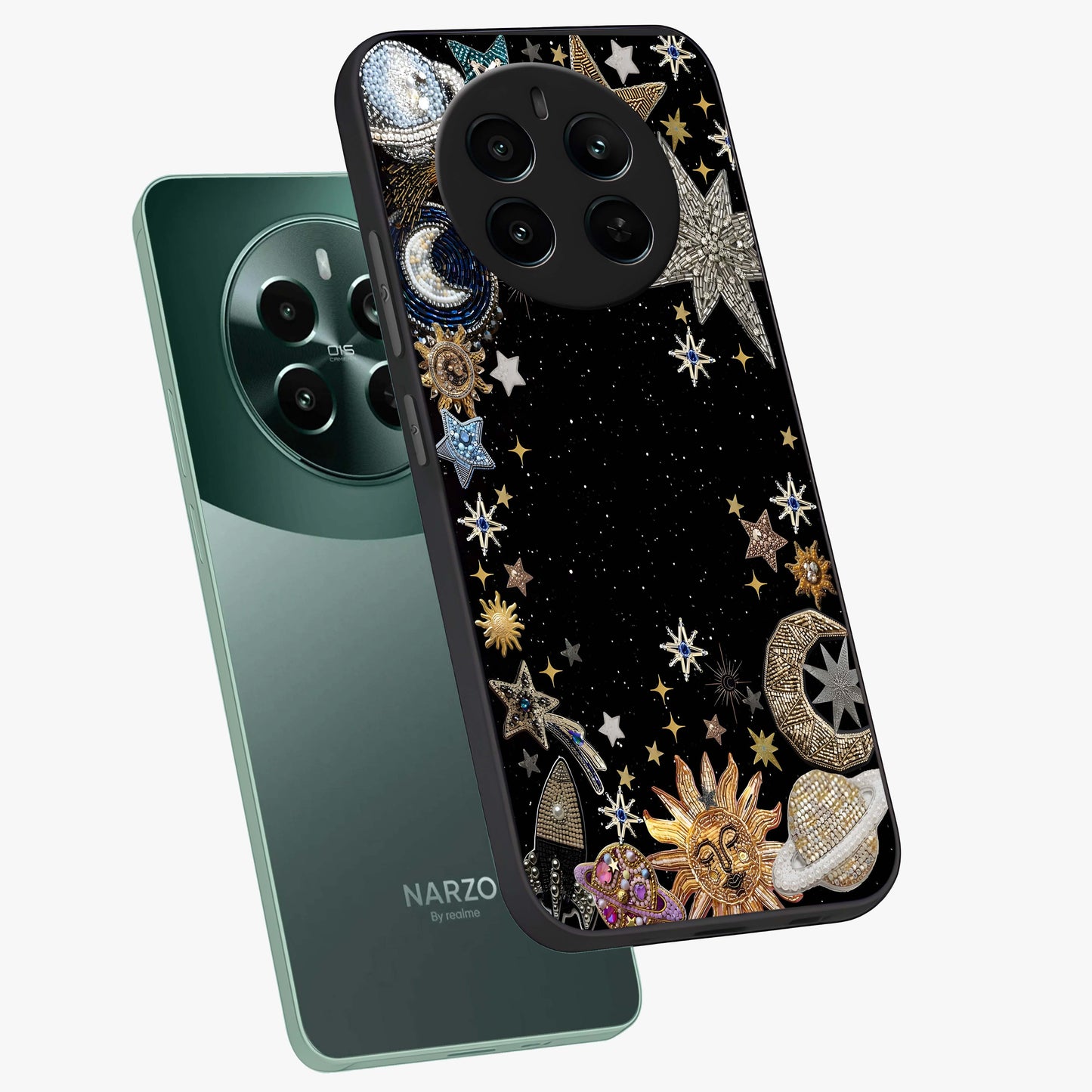 Galactic Jewel Stars Glass Case displayed in angled mockup highlighting shining celestial star design with cosmic aesthetic style.