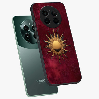 Golden Sun Minimalism Glass Case displayed in angled mockup highlighting clean sun symbol design with modern minimal aesthetic.