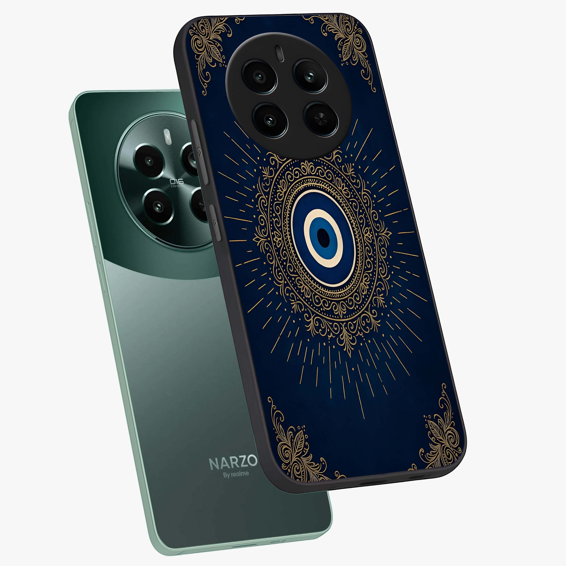 Golden Celestial Charm Glass Case displayed in angled mockup highlighting sparkling cosmic charm design with celestial aesthetic.