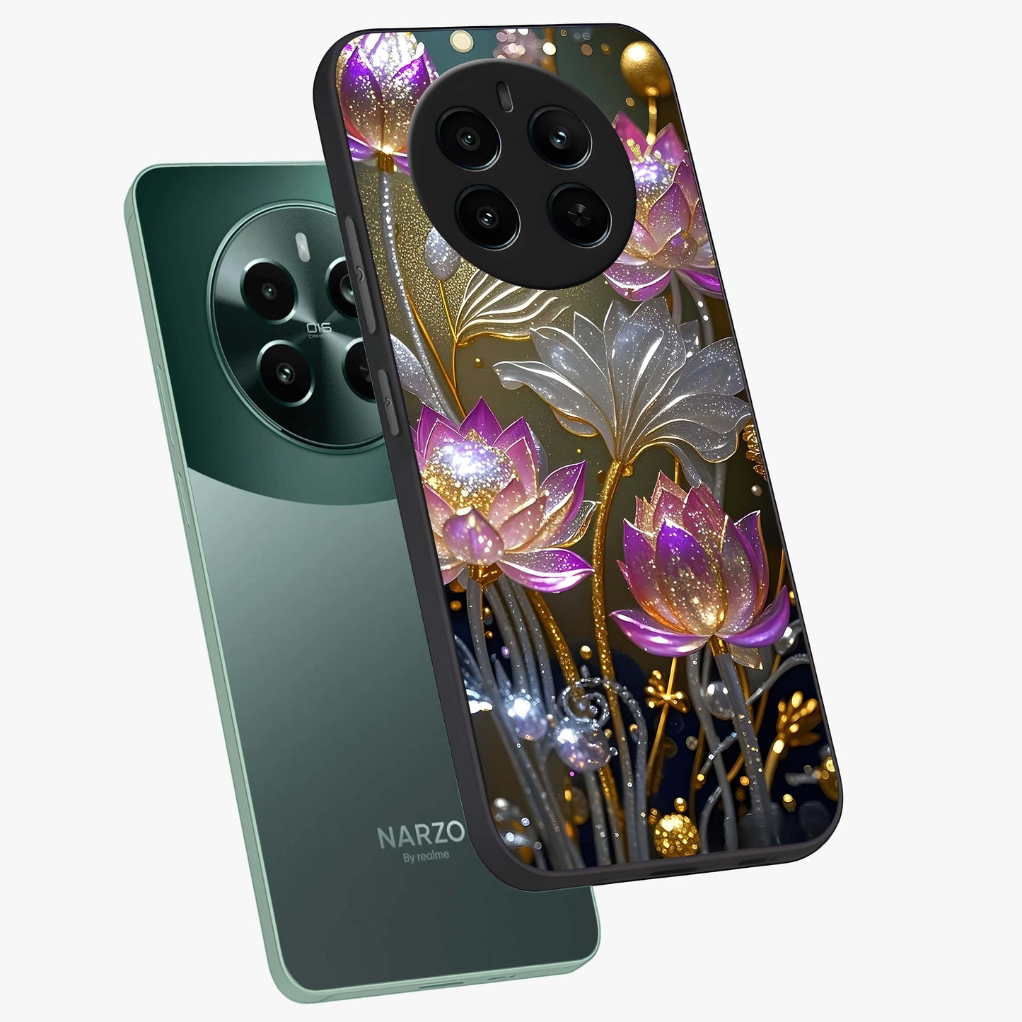Golden Floral Majesty Glass Case displayed in angled mockup highlighting elegant flower design with royal golden aesthetic.
