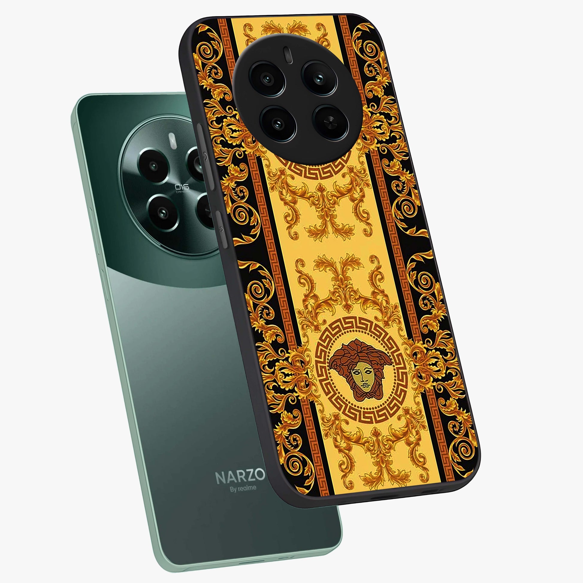 Golden Lotus Glow Glass Case displayed in angled mockup highlighting radiant lotus illustration with spiritual aesthetic.