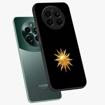 Golden Sun Minimalism Glass Case displayed in angled mockup highlighting eerie shadow illustration with gothic aesthetic.