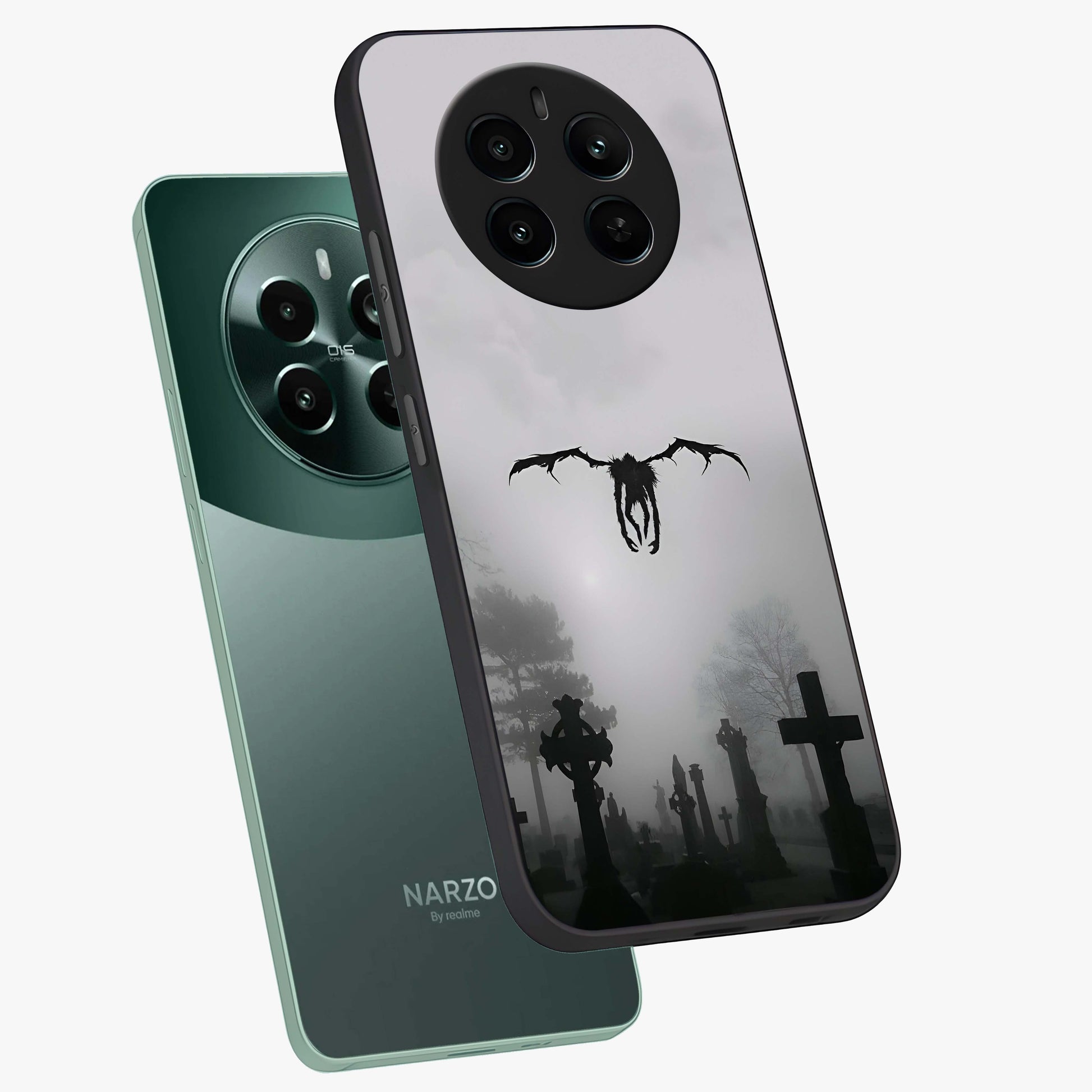 Graveyard Shadow Descent Glass Case displayed in angled mockup highlighting eerie shadow illustration with gothic aesthetic.