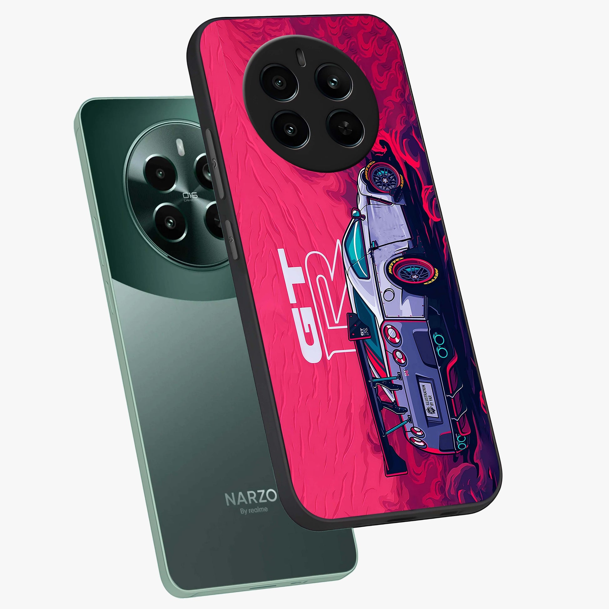 GT-R Car Pattern Glass Case displayed in angled mockup highlighting racing car graphic design with bold automotive aesthetic.