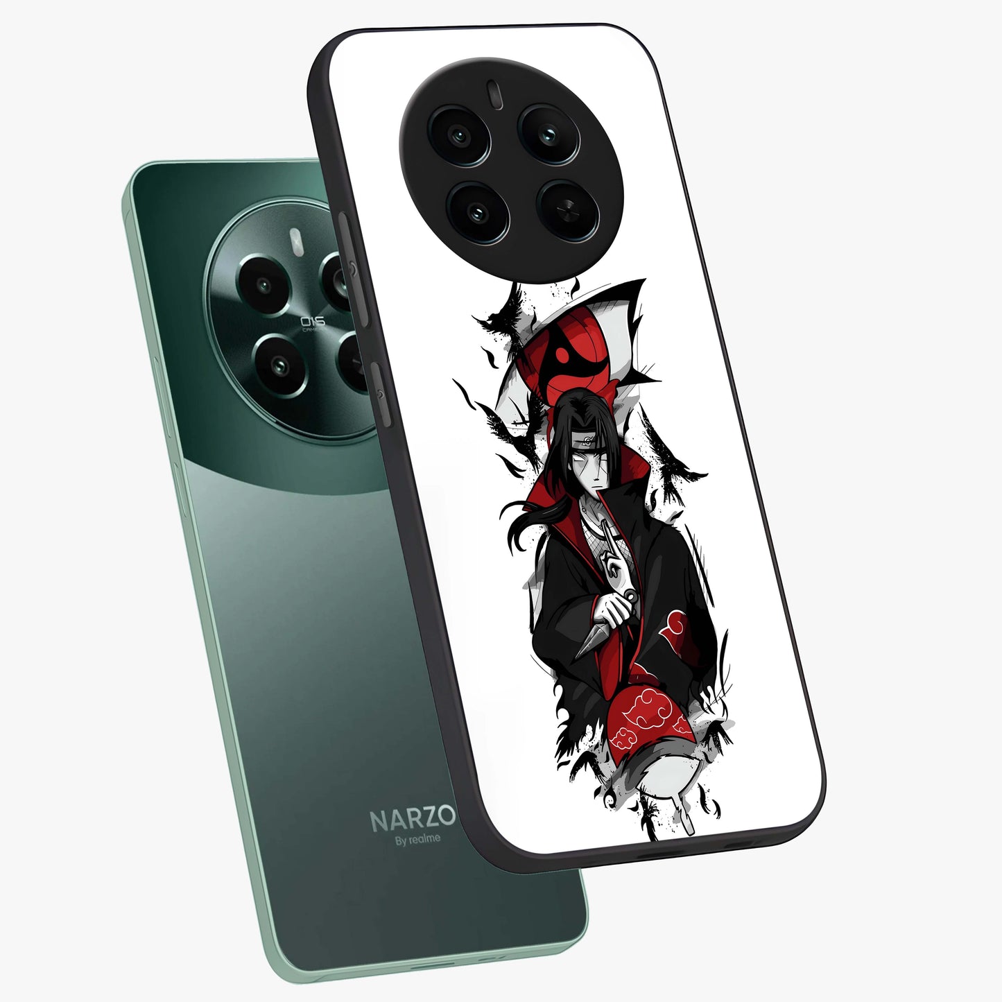 Itachi Limited Edition Naruto Anime Glass Case displayed in angled mockup highlighting dramatic anime illustration with bold action aesthetic.