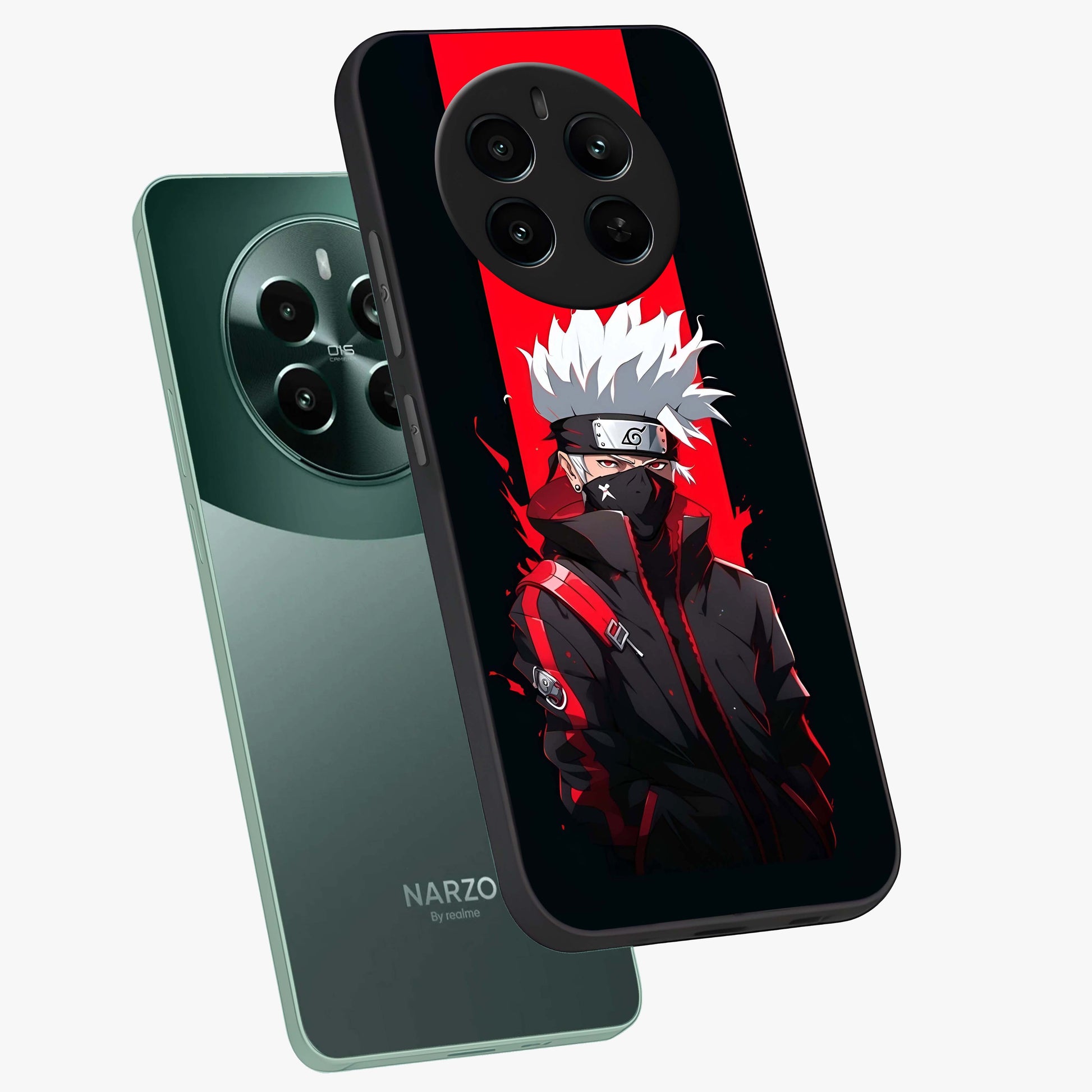 Kakashi Scarlet Shadow Glass Case displayed in angled mockup highlighting dramatic ninja illustration with scarlet themed aesthetic.