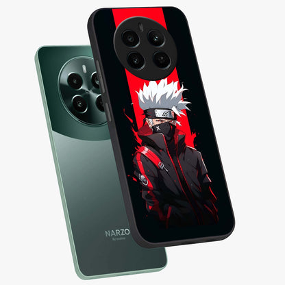 Kakashi Scarlet Shadow Glass Case displayed in angled mockup highlighting dramatic ninja illustration with scarlet themed aesthetic.