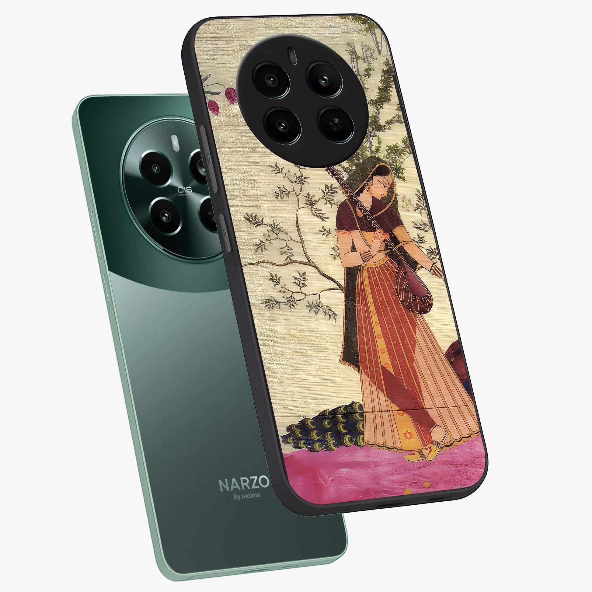 Lady With Veena Art Glass Case displayed in angled mockup highlighting graceful musical illustration with cultural artistic aesthetic.