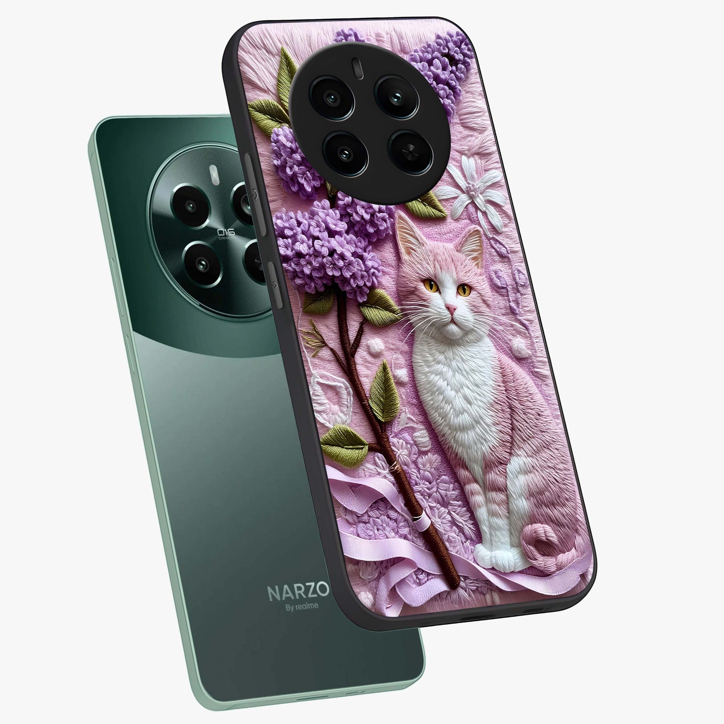 Lavender Cat Whimsy Glass Case displayed in angled mockup highlighting playful feline illustration with pastel lavender aesthetic.