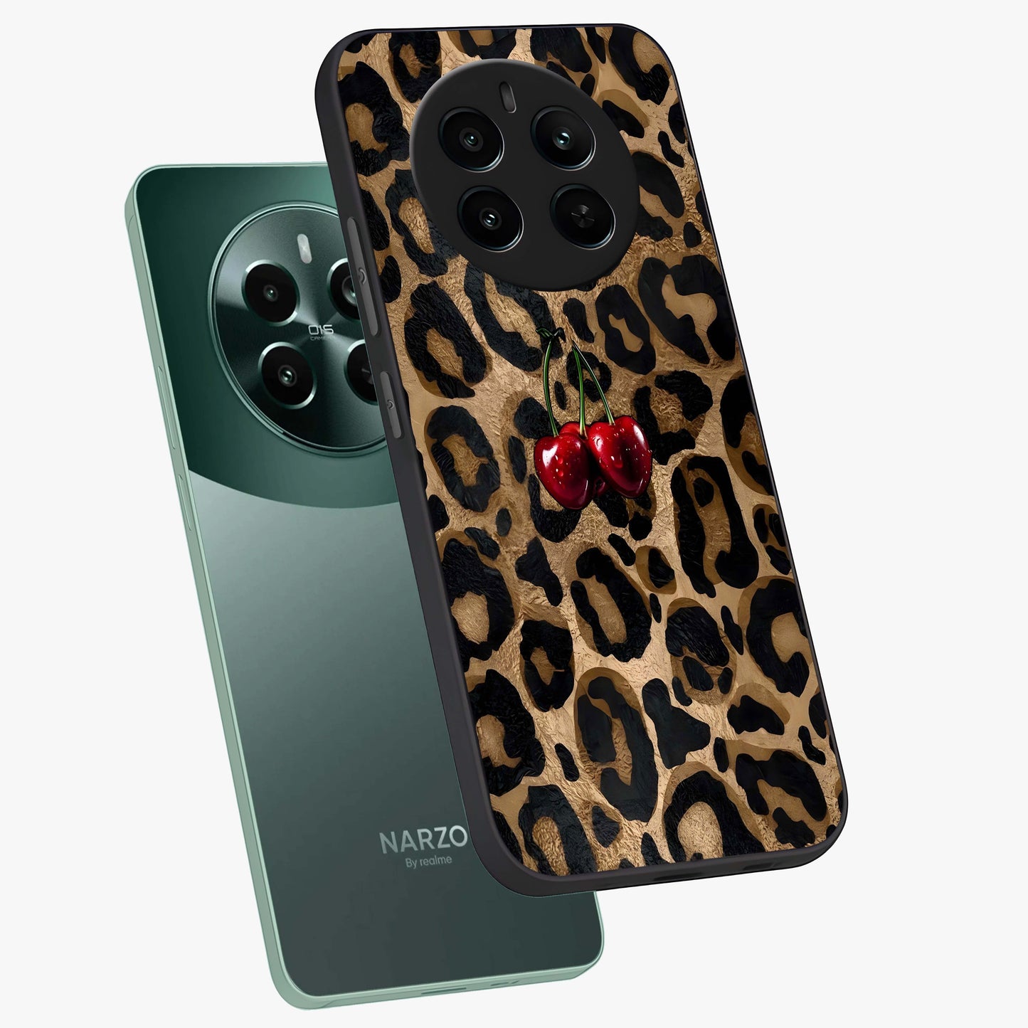 Leopard Wild Cherry Glass Case displayed in angled mockup highlighting bold animal print design with playful cherry aesthetic.