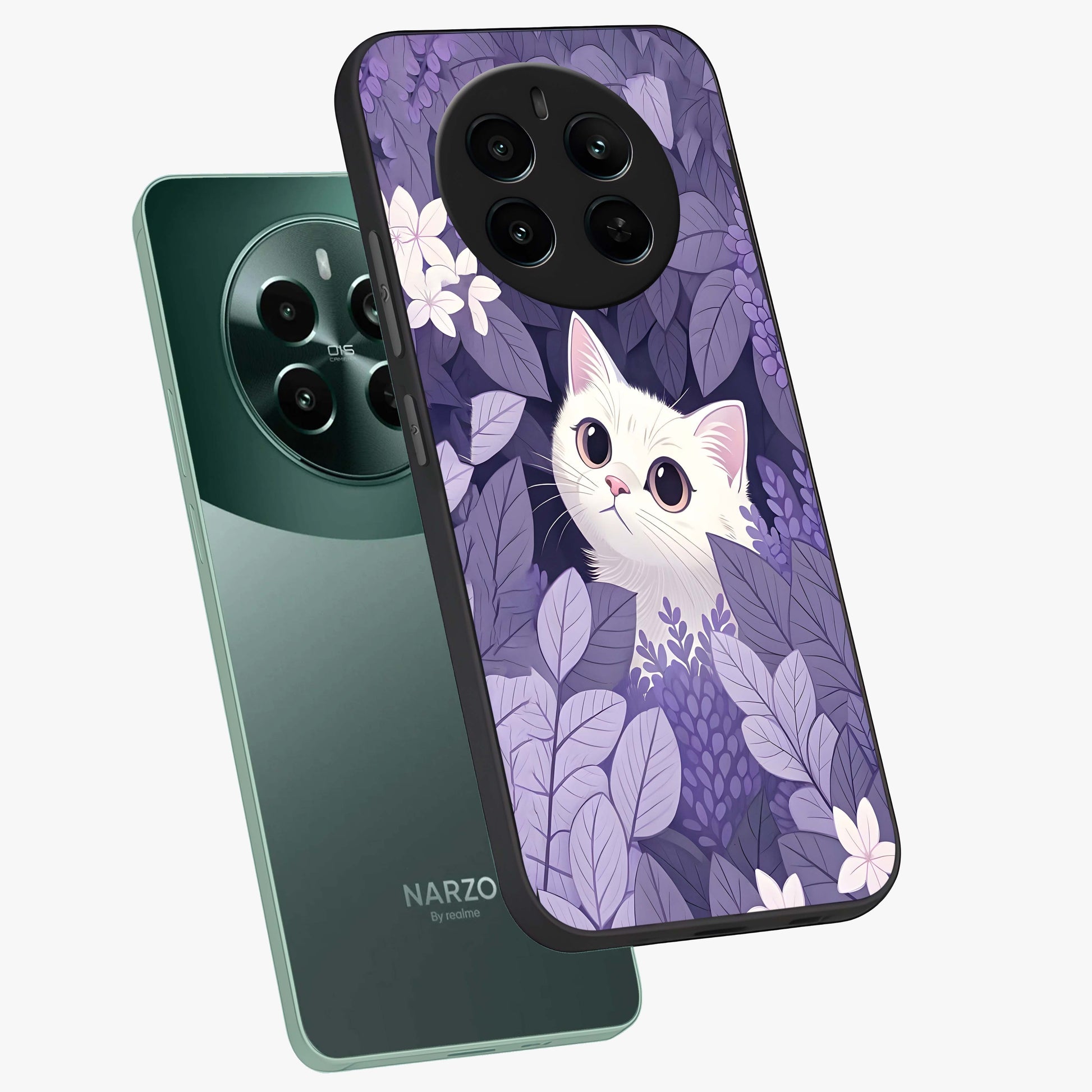 Lilac Hide Peek Cat Glass Case displayed in angled mockup highlighting playful feline illustration with lilac aesthetic design.