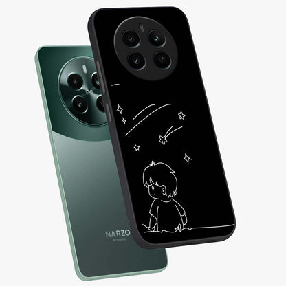 Line Art Boy With Shooting Stars Glass Case displayed in angled mockup highlighting elegant line art design with dreamy star aesthetic.