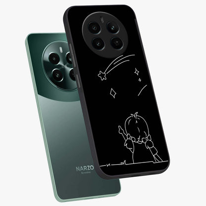 Line Art Girl With Shooting Stars Glass Case displayed in angled mockup highlighting elegant line art design with dreamy star aesthetic.