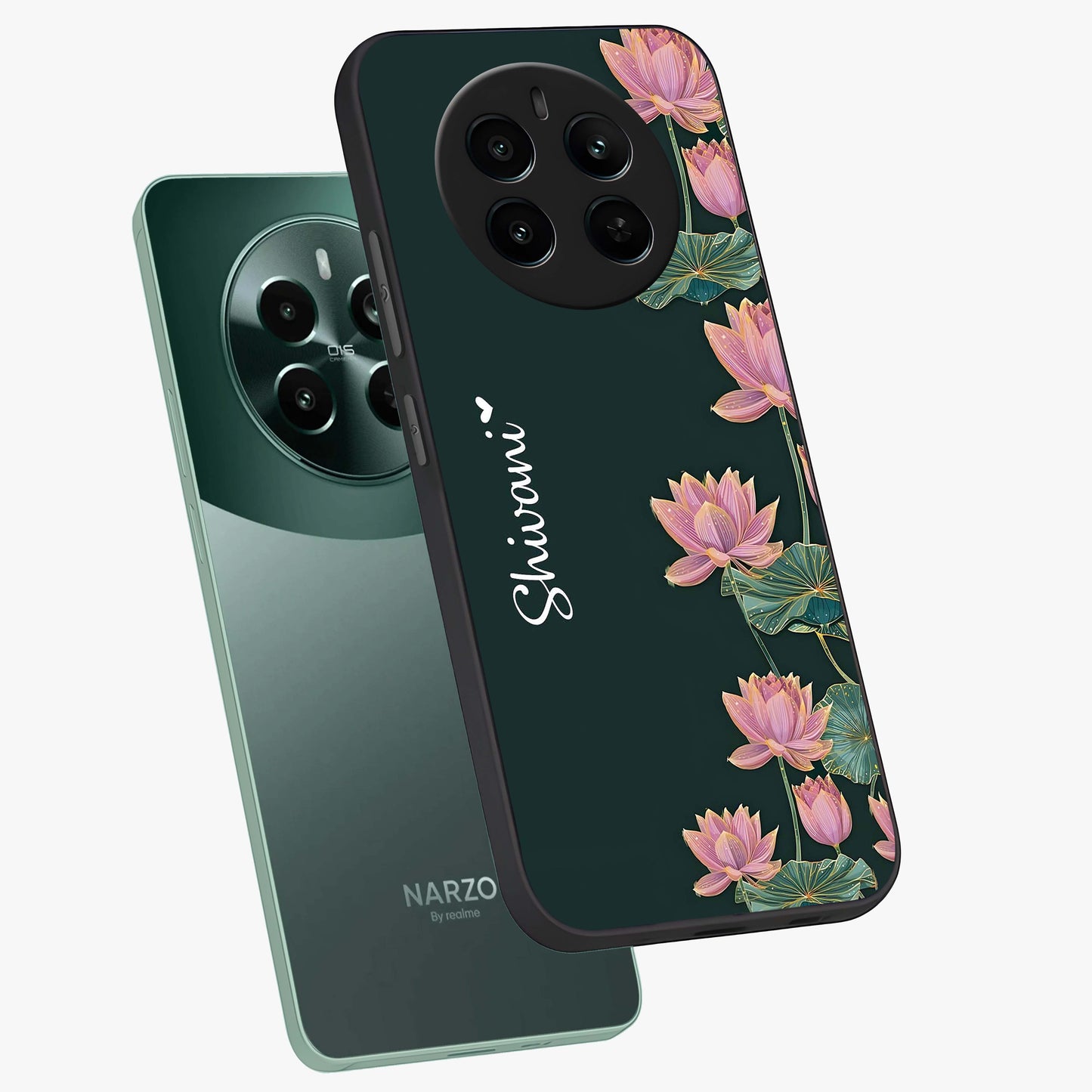 Lotus Bloom Serenity Custom Name Glass Case displayed in angled mockup highlighting graceful lotus illustration with custom name feature.