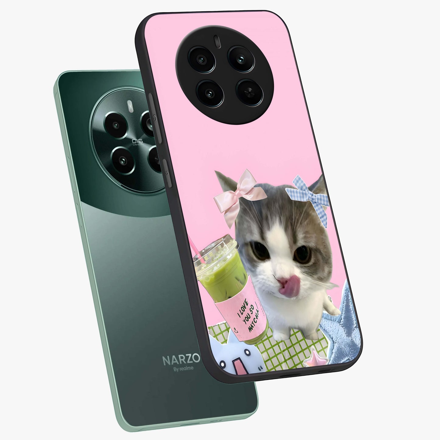 Love Matcha Cat Glass Case displayed in angled mockup highlighting playful feline illustration with cozy matcha aesthetic.