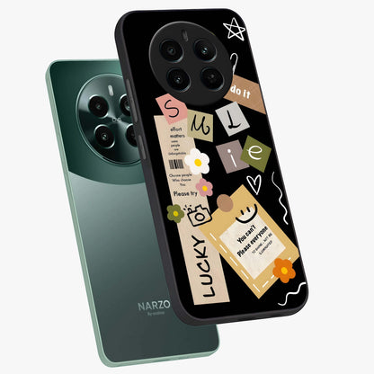 Lucky Aesthetic Collage Glass Case displayed in angled mockup highlighting stylish collage pattern with modern aesthetic vibe.