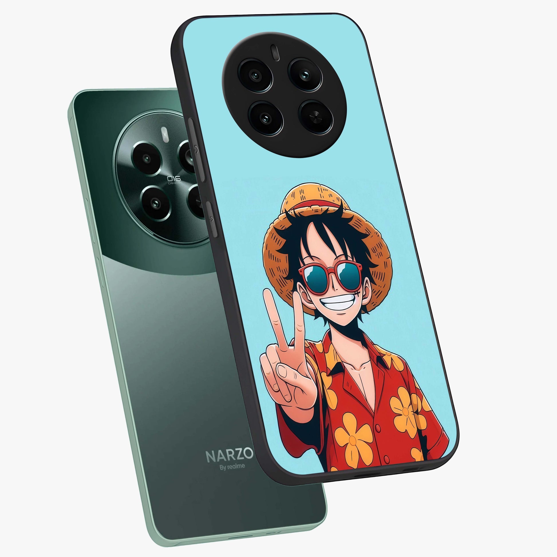 Luffy Summer Anime Vibe Glass Case displayed in angled mockup highlighting energetic anime illustration with summer vibe aesthetic.