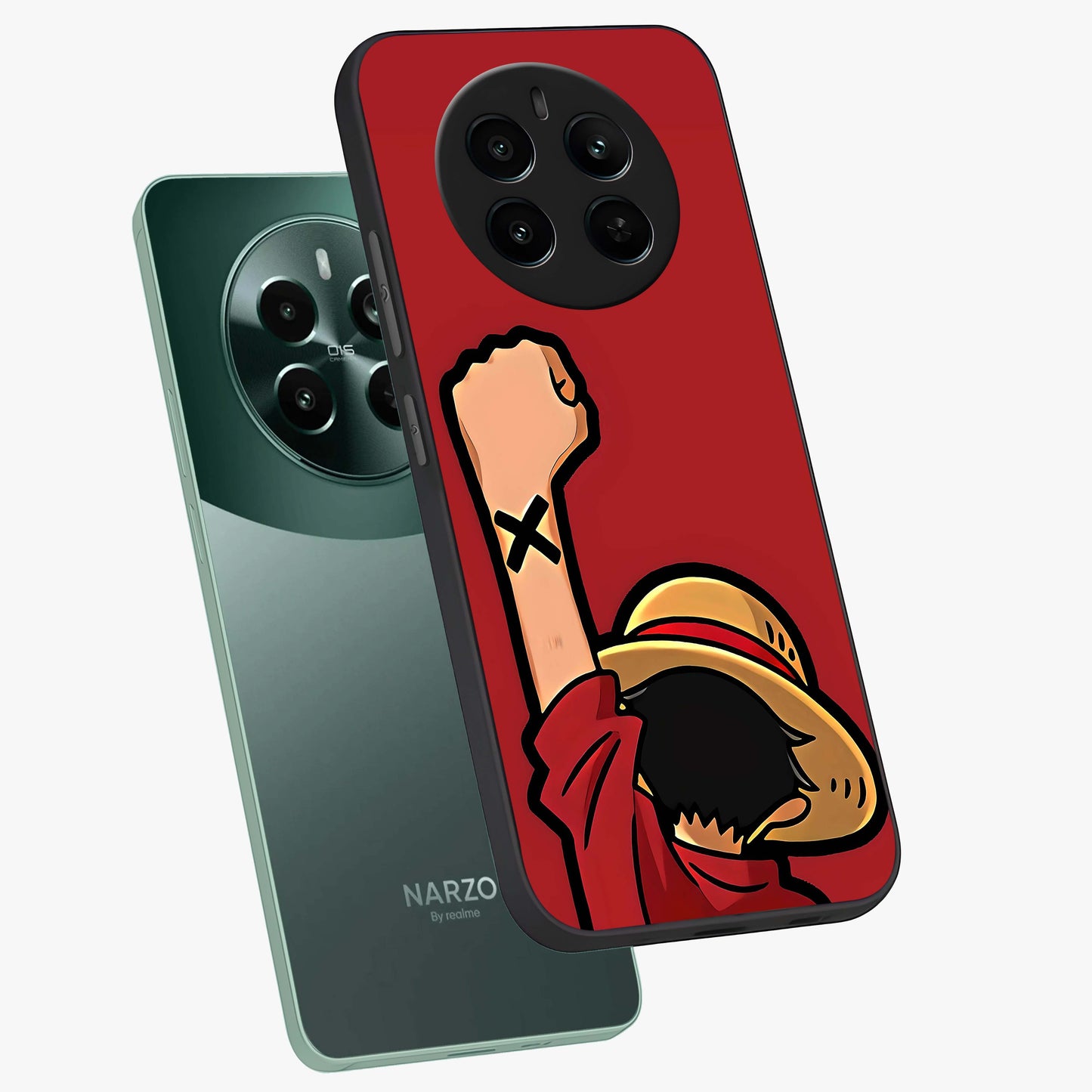 Luffy X Spirit Glass Case displayed in angled mockup highlighting powerful anime design with energetic action aesthetic.