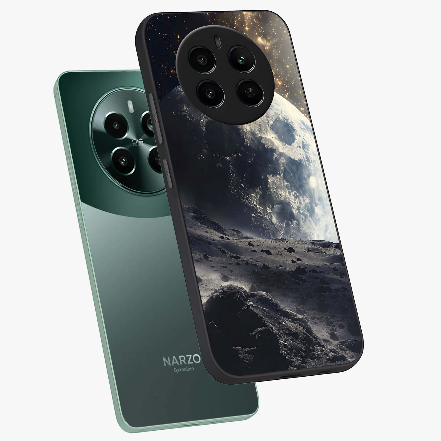 Lunar Horizon Glow Glass Case displayed in angled mockup highlighting celestial moon design with dreamy night aesthetic.