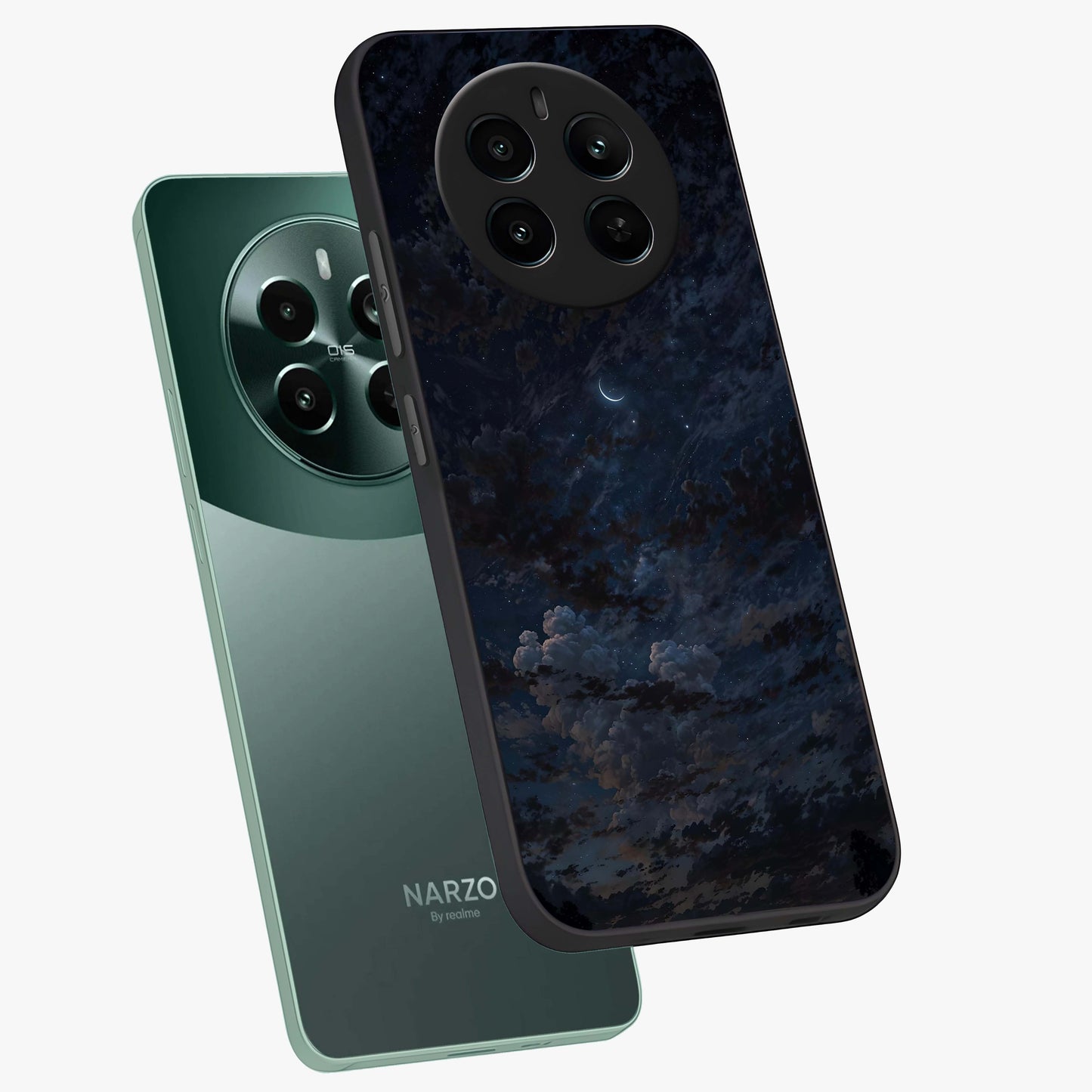 Lunar Veil Silence Glass Case displayed in angled mockup highlighting soft lunar design with peaceful celestial aesthetic.