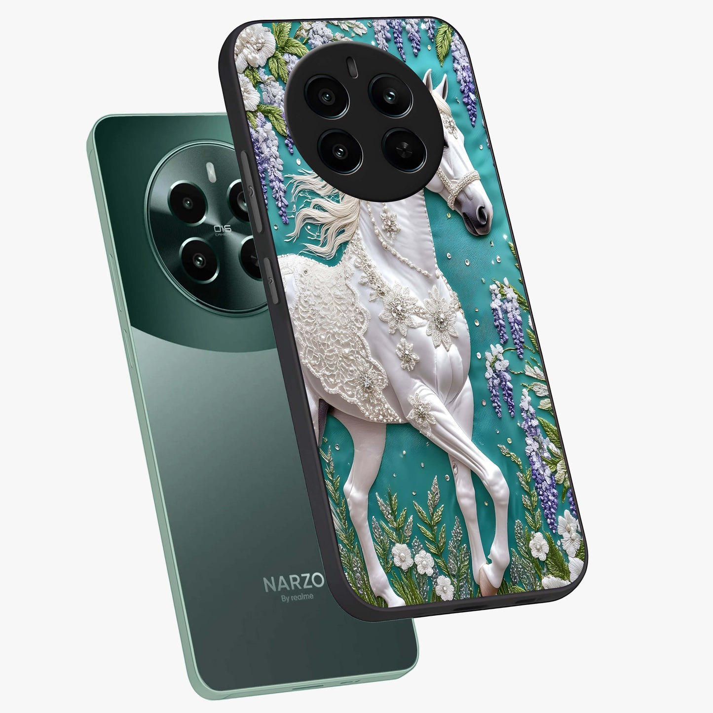 Majestic Floral Stallion Glass Case displayed in angled mockup highlighting majestic stallion illustration with elegant floral aesthetic.