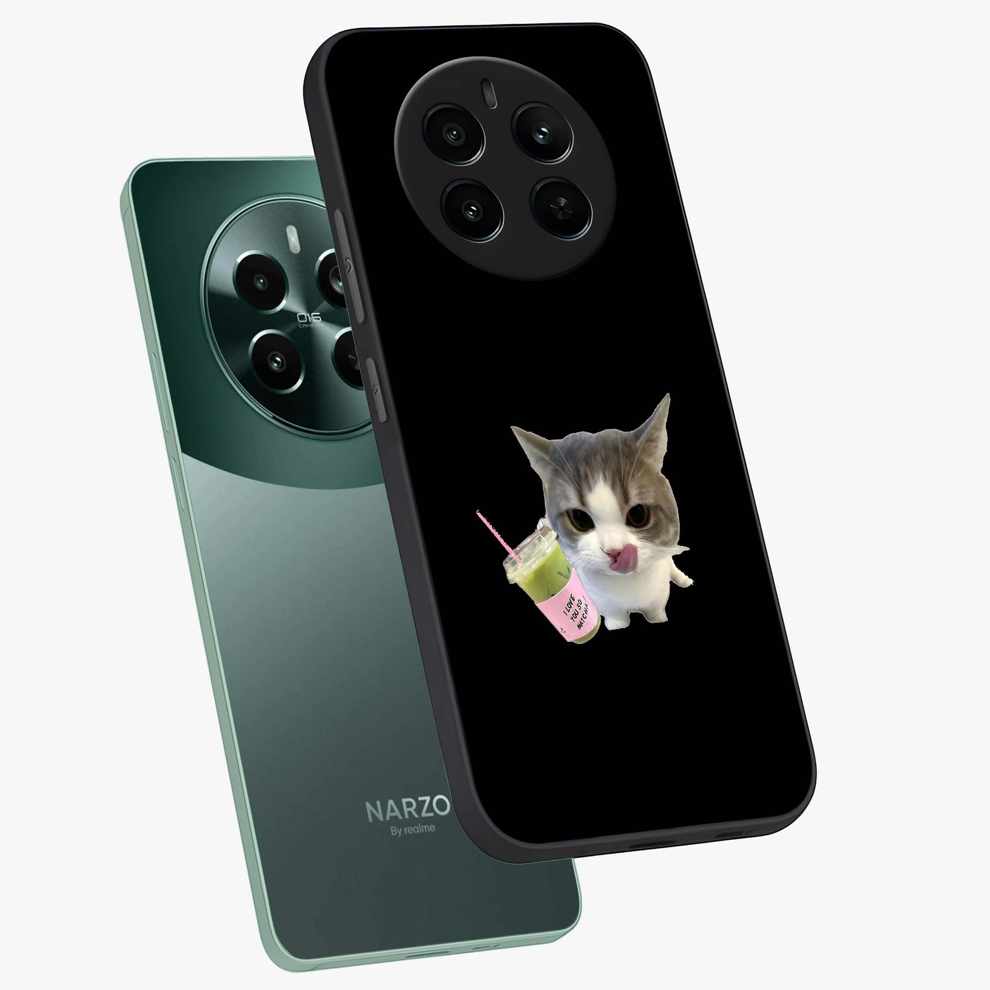 Matcha Cat Style Glass Case displayed in angled mockup highlighting playful feline design with pastel matcha aesthetic.