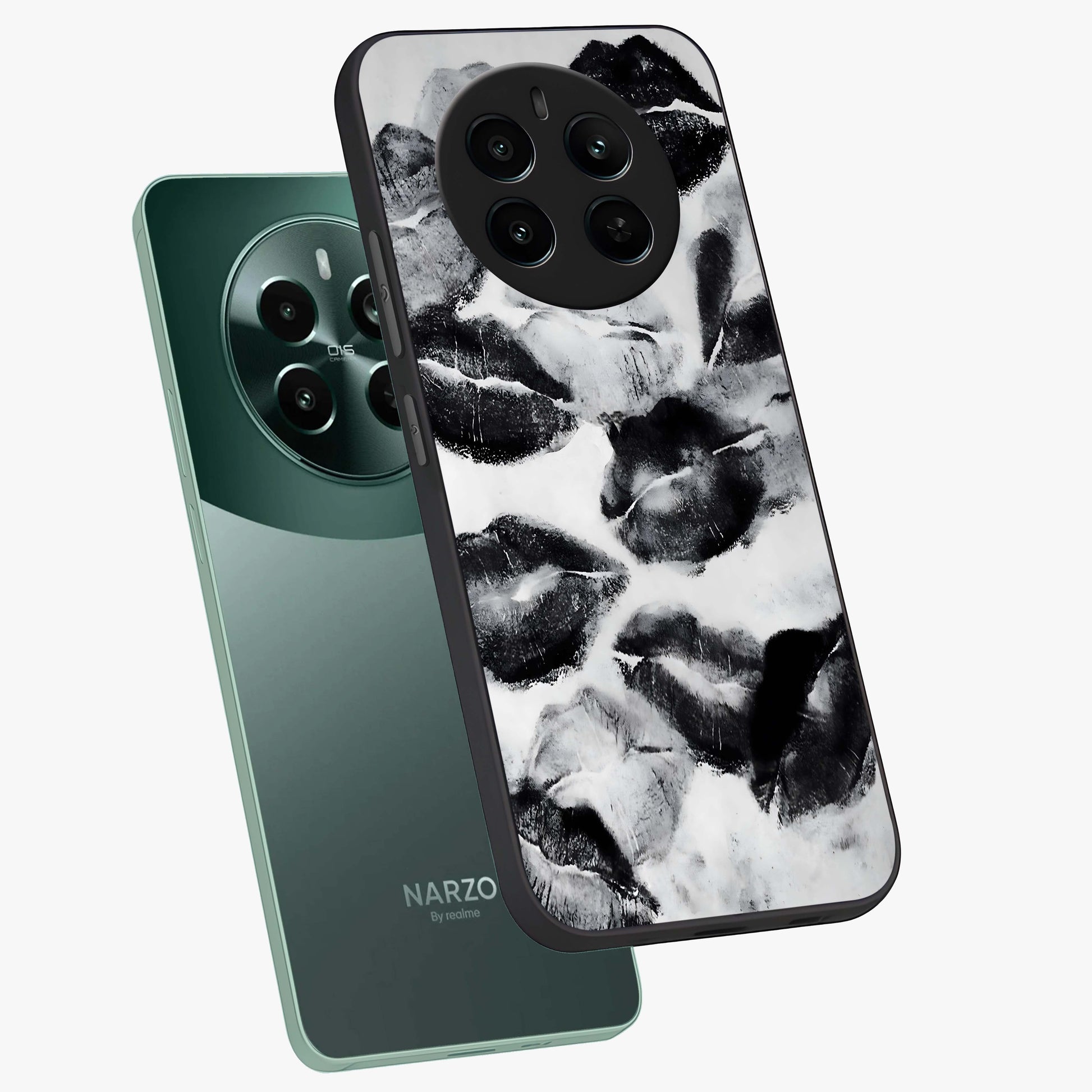 Midnight Kiss Marks Glass Case displayed in angled mockup highlighting playful romantic design with bold midnight aesthetic.