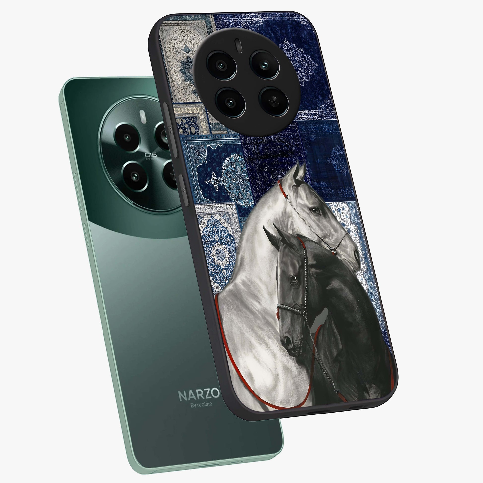 Midnight Stallion Blues Glass Case displayed in angled mockup highlighting powerful stallion illustration with deep midnight tones.