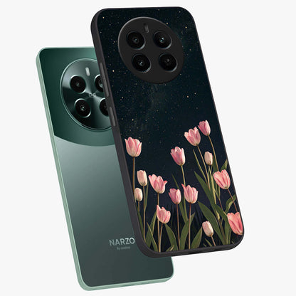 Midnight Tulip Whispers Vibe Glass Case displayed in angled mockup highlighting delicate tulip design with midnight floral aesthetic.