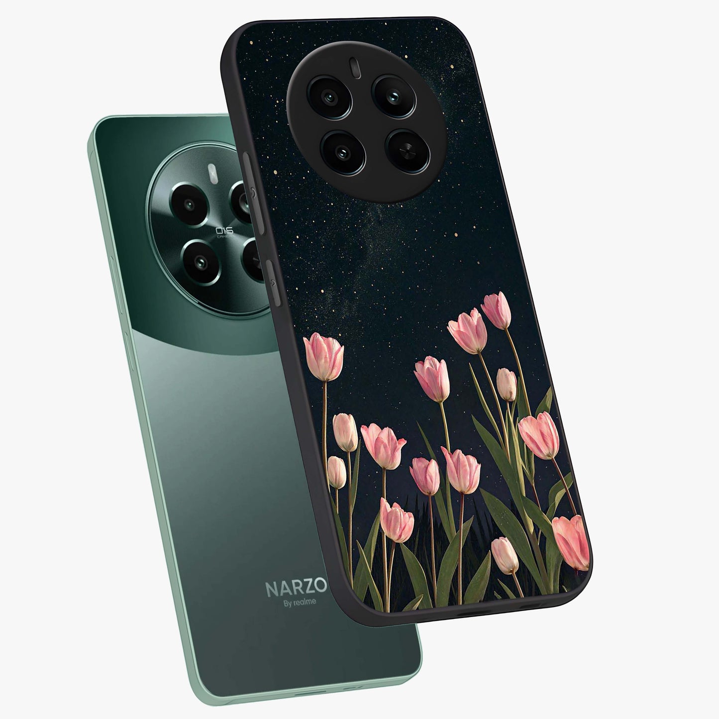 Midnight Tulip Whispers Vibe Glass Case displayed in angled mockup highlighting delicate tulip design with midnight floral aesthetic.