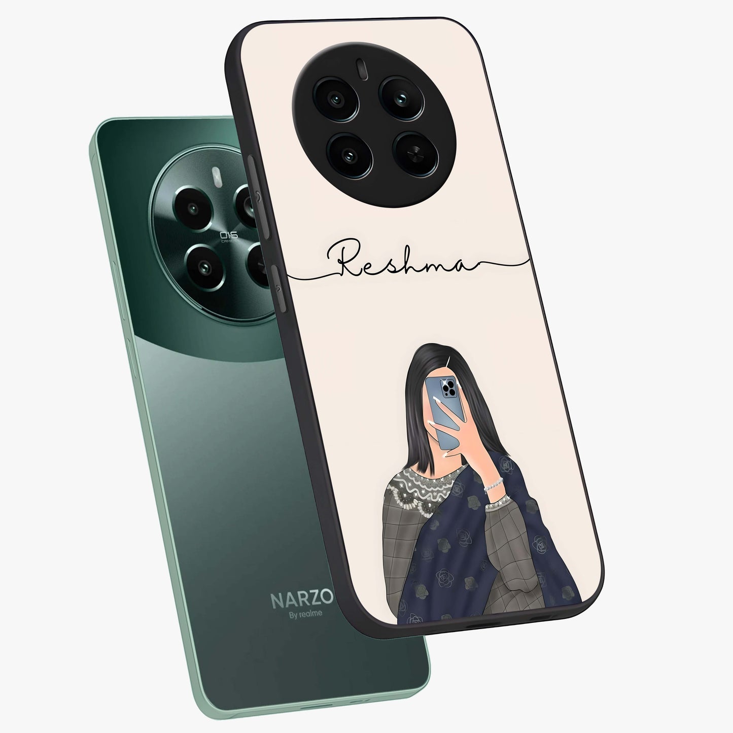 Mirror Mood Muse With Custom Name Glass Case displayed in angled mockup highlighting aesthetic mirror inspired design with custom name feature.