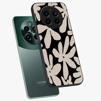 Monochrome Petal Dance Glass Case displayed in angled mockup highlighting elegant petal design with black and white aesthetic.