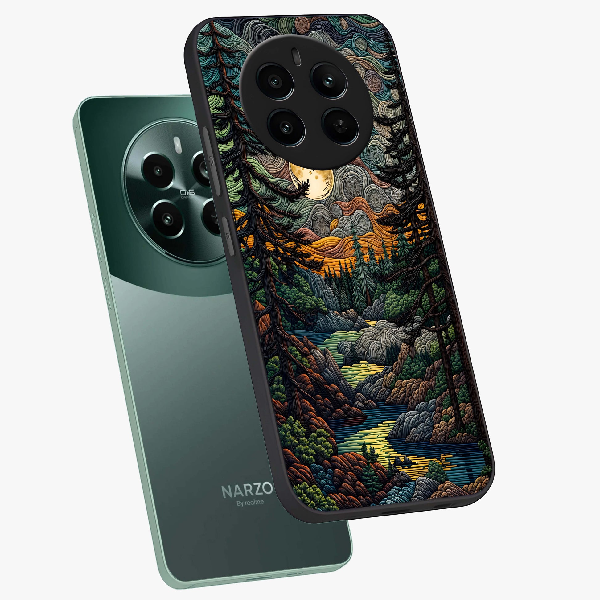 Moonlight Forest Dream Glass Case displayed in angled mockup highlighting dreamy forest design with glowing moon aesthetic.