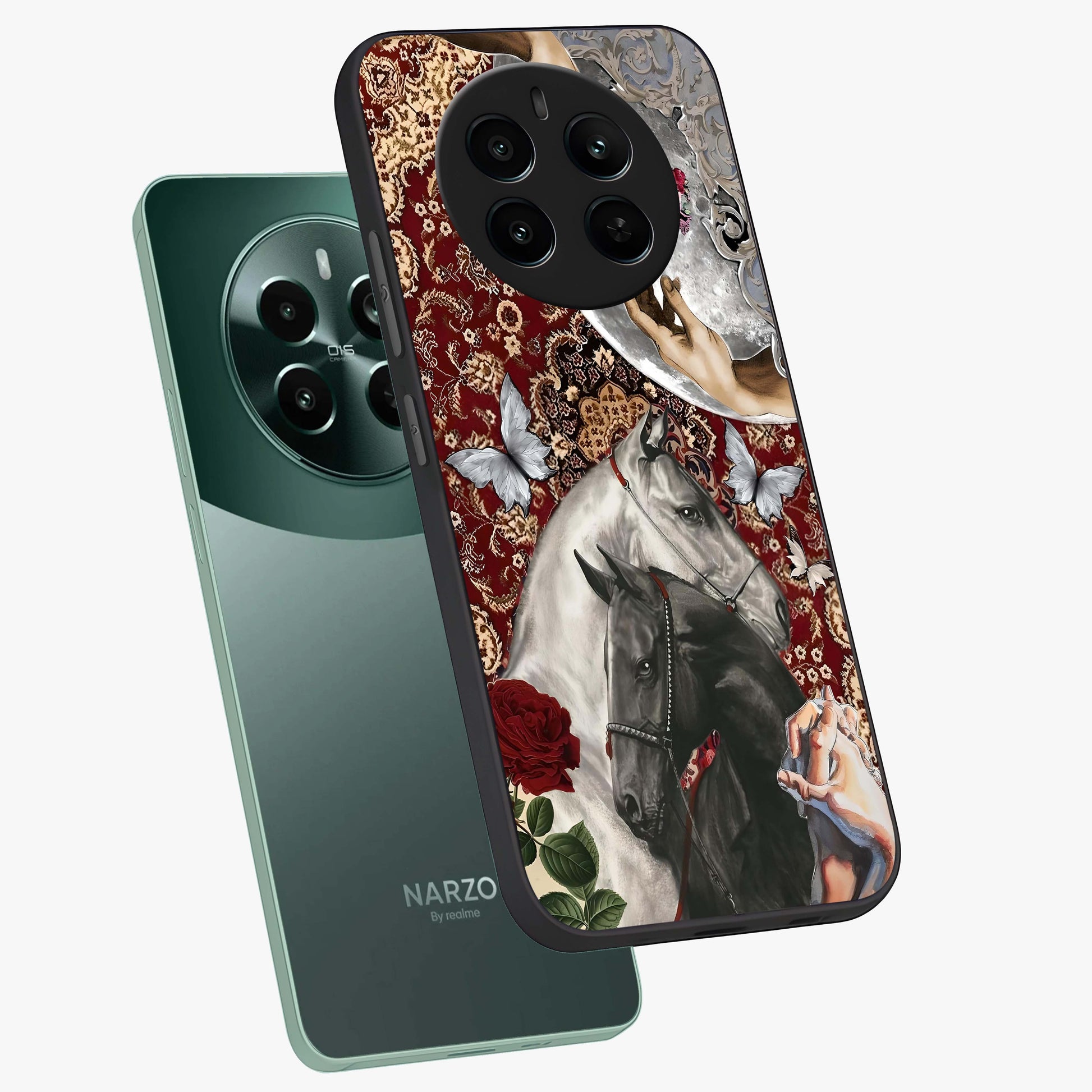 Moonlit Royal Stallion Glass Case displayed in angled mockup highlighting powerful stallion illustration with royal night aesthetic.