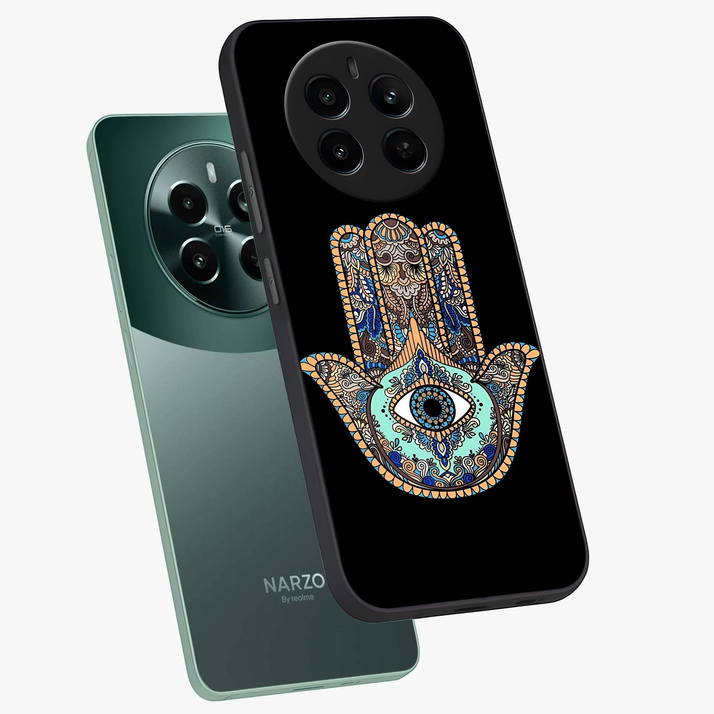 Mystic Hamsa Eye Glass Case displayed in angled mockup highlighting spiritual hamsa symbol with mystical aesthetic style.