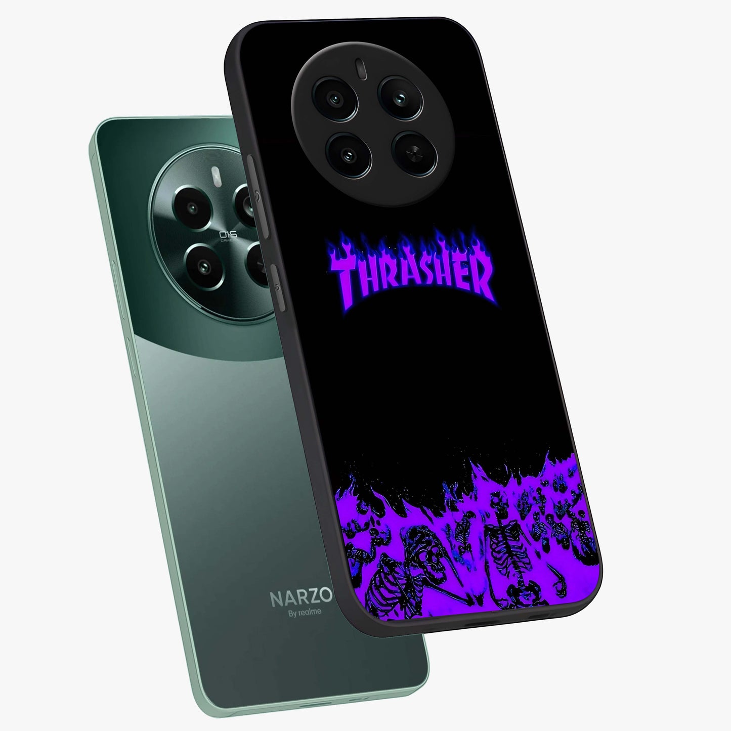 Neon Flame Riot Glass Case displayed in angled mockup highlighting glowing flame design with vibrant neon aesthetic.