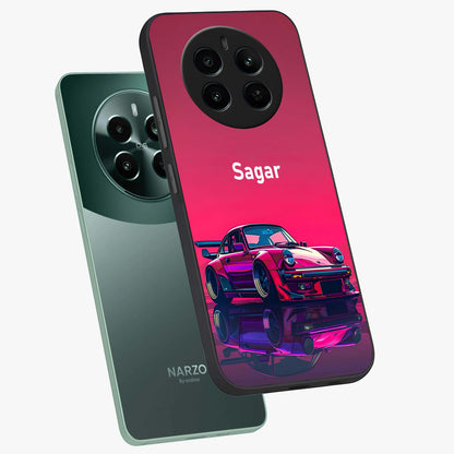 Neon Pink Porsche Glass Case displayed in angled mockup highlighting sleek neon pink car design with racing aesthetic.