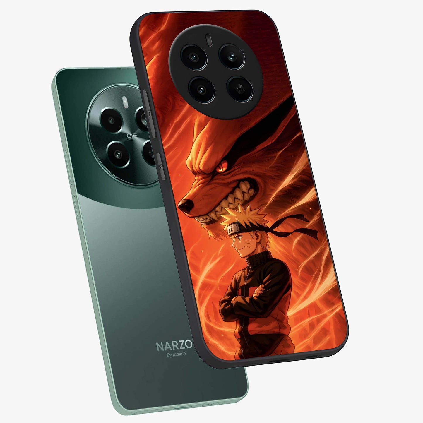 Nine Tails Legacy Glass Case displayed in angled mockup highlighting dynamic anime beast illustration with bold mystical aesthetic.