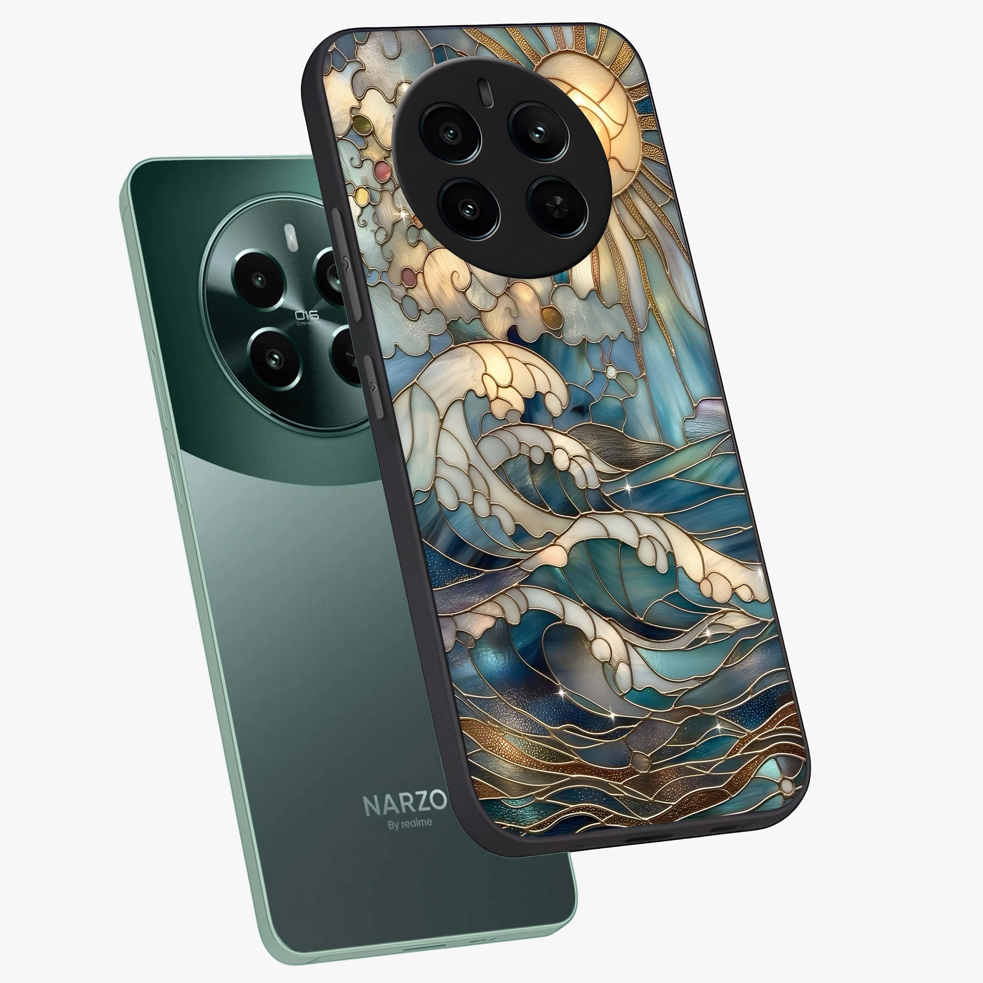 Oceanic Stained Printed Glass Case displayed in angled mockup highlighting colorful aquatic design with artistic aesthetic style.