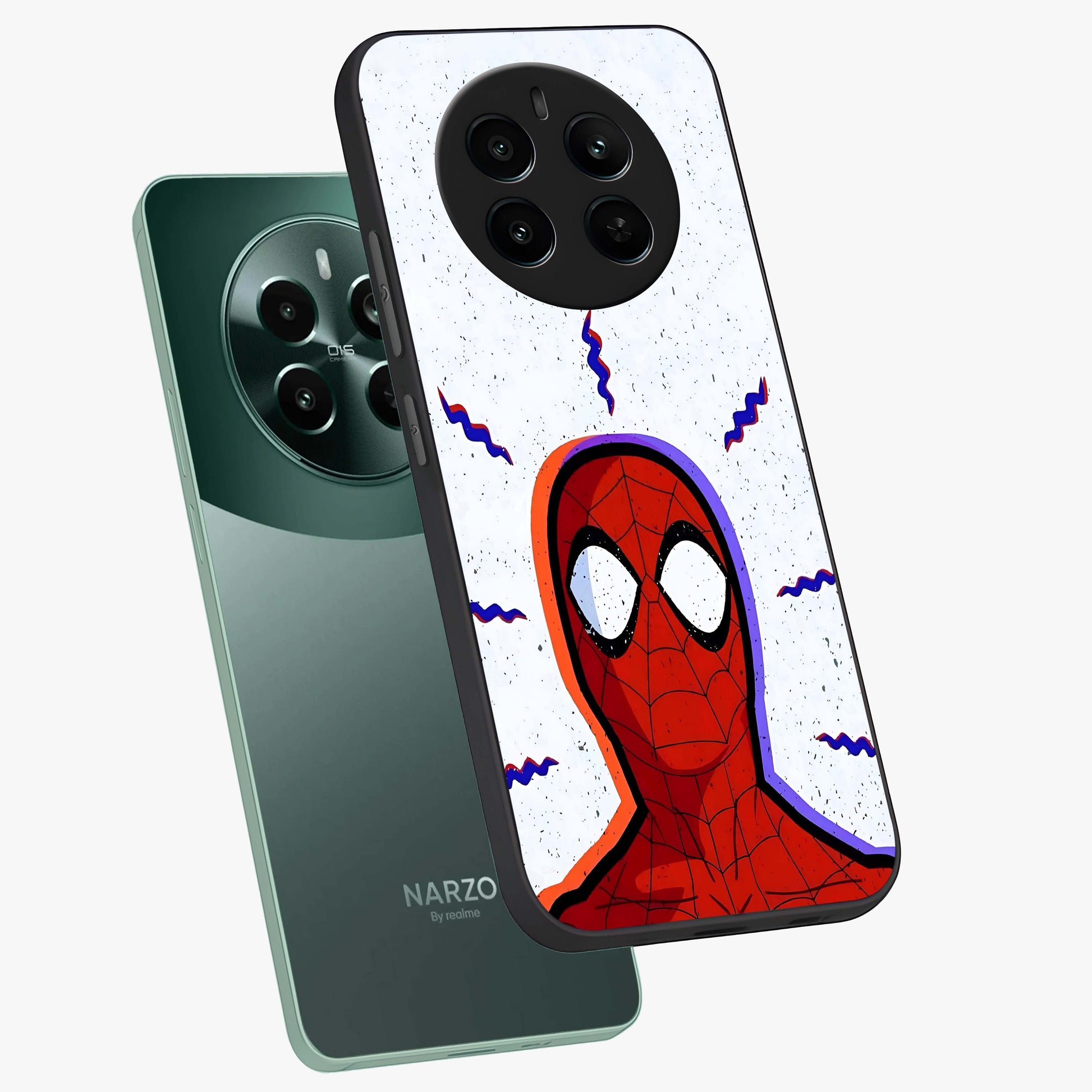 Omg Spiderman Glass Case displayed in angled mockup highlighting dynamic hero illustration with action comic aesthetic.