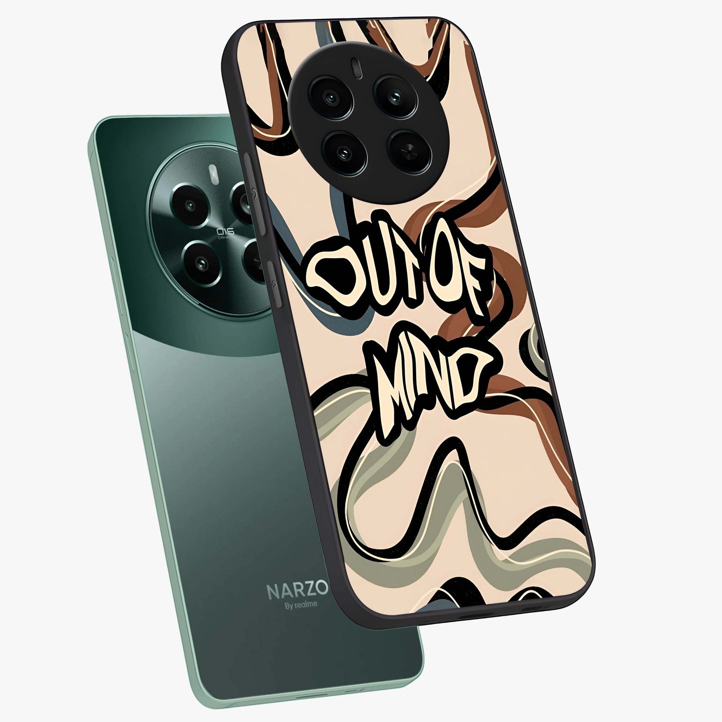 Out Of Mind Glass Case displayed in angled mockup highlighting bold statement design with modern artistic aesthetic.