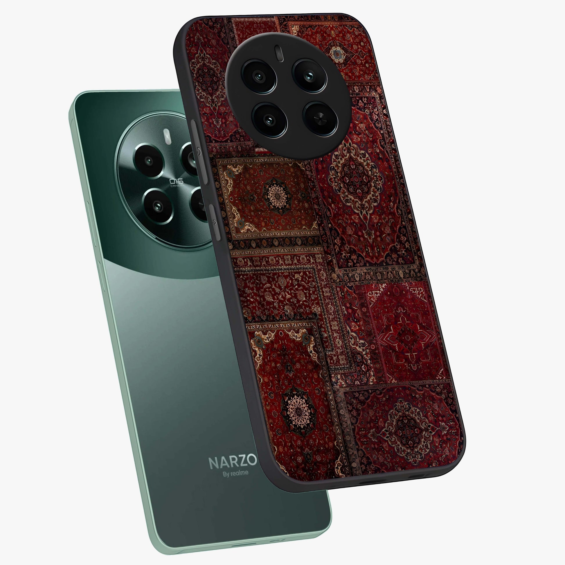 Persian Velvet Tale Glass Case displayed in angled mockup highlighting ornate textile inspired design with royal aesthetic.